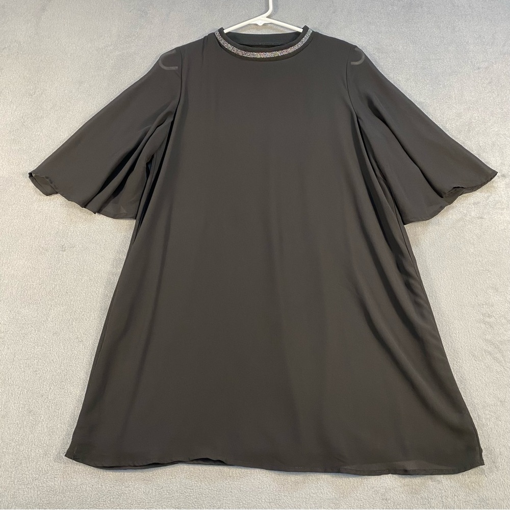 Zara Basic Collection Women’s Black Chiffon Silver Crewneck, Bell Sleeve, size S
